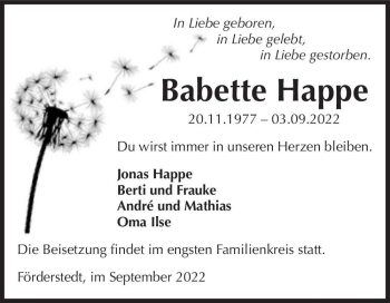 Traueranzeige von Babette Happe  von Magdeburger Volksstimme