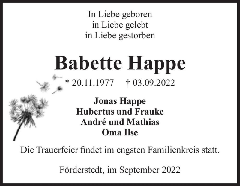  Traueranzeige für Babette Happe  vom 24.09.2022 aus Magdeburger Volksstimme