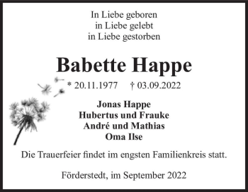 Traueranzeige von Babette Happe  von Magdeburger Volksstimme