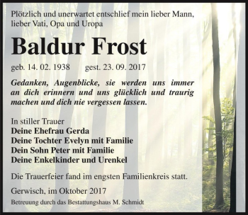 Traueranzeige von Baldur Frost  von Magdeburger Volksstimme