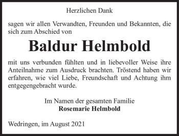 Traueranzeige von Baldur Helmbold  von Magdeburger Volksstimme