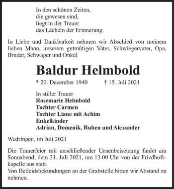 Traueranzeige von Baldur Helmbold  von Magdeburger Volksstimme