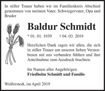Traueranzeige von Baldur Schmidt  von Magdeburger Volksstimme