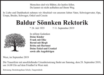 Traueranzeige von Baldur Sönnken Rektorik  von Magdeburger Volksstimme