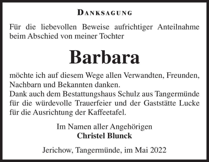  Traueranzeige für Barbara  vom 04.06.2022 aus Magdeburger Volksstimme