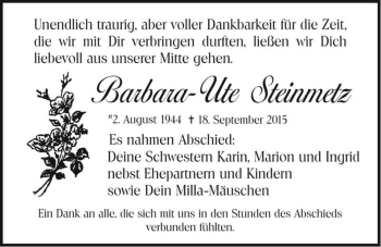 Traueranzeige von Barbara-Ute Steinmetz  von Magdeburger Volksstimme