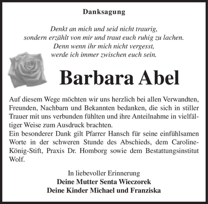  Traueranzeige für Barbara Abel  vom 23.01.2021 aus Magdeburger Volksstimme