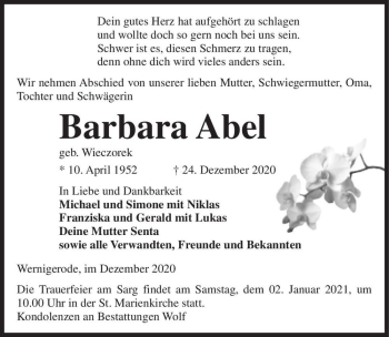 Traueranzeige von Barbara Abel (geb. Wieczorek)  von Magdeburger Volksstimme