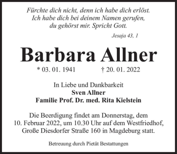 Traueranzeige von Barbara Allner  von Magdeburger Volksstimme