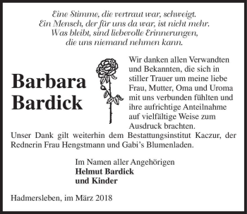 Traueranzeige von Barbara Bardick  von Magdeburger Volksstimme
