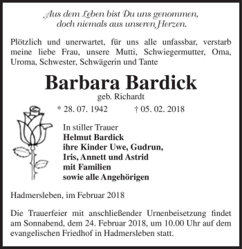 Traueranzeige von Barbara Bardick (geb. Richardt)  von Magdeburger Volksstimme