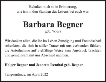 Traueranzeige von Barbara Begner (geb. Wiora)  von Magdeburger Volksstimme