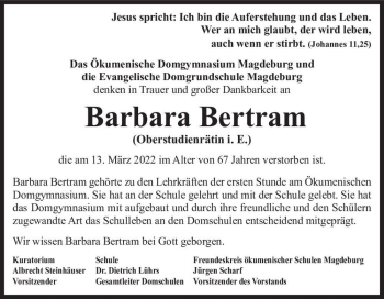 Traueranzeige von Barbara Bertram  von Magdeburger Volksstimme