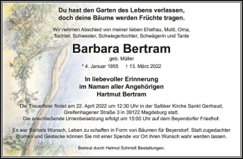 Traueranzeige von Barbara Bertram (geb. Müller)  von Magdeburger Volksstimme