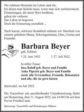 Traueranzeige von Barbara Beyer (geb. Echtner)  von Magdeburger Volksstimme