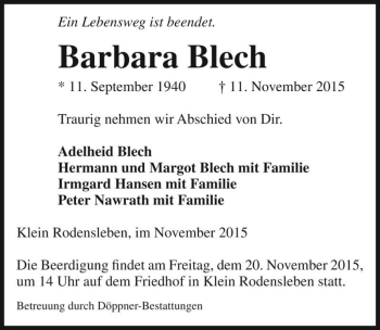 Traueranzeige von Barbara Blech  von Magdeburger Volksstimme