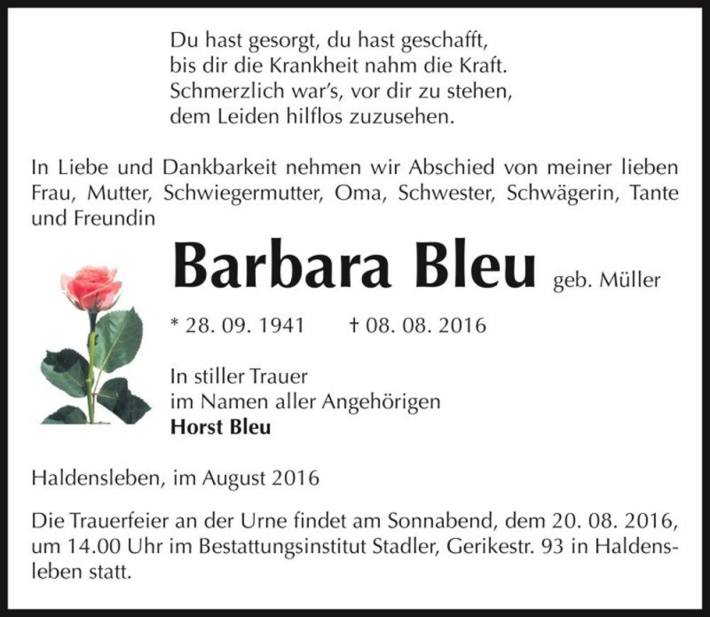  Traueranzeige für Barbara Bleu (geb. Müller)  vom 13.08.2016 aus Magdeburger Volksstimme