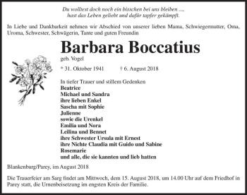 Traueranzeige von Barbara Boccatius (geb. Vogel)  von Magdeburger Volksstimme