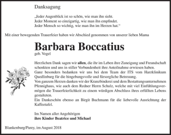 Traueranzeige von Barbara Boccatius (geb. Vogel)  von Magdeburger Volksstimme