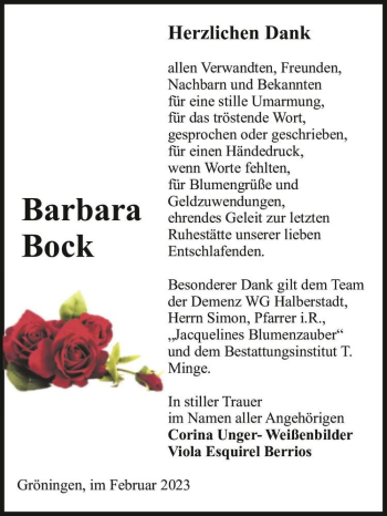 Traueranzeige von Barbara Bock  von Magdeburger Volksstimme