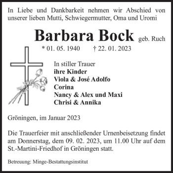 Traueranzeige von Barbara Bock (geb. Ruch)  von Magdeburger Volksstimme