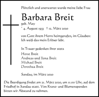Traueranzeige von Barbara Breit (geb. May)  von Magdeburger Volksstimme