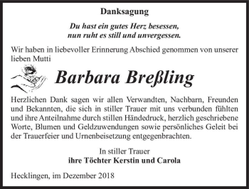 Traueranzeige von Barbara Breßling  von Magdeburger Volksstimme