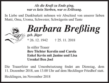Traueranzeige von Barbara Breßling (geb. Jäger)  von Magdeburger Volksstimme