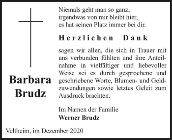 Traueranzeige von Barbara Brudz  von Magdeburger Volksstimme