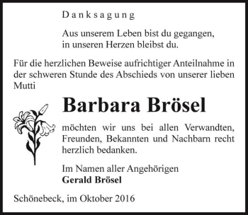 Traueranzeige von Barbara Brösel  von Magdeburger Volksstimme