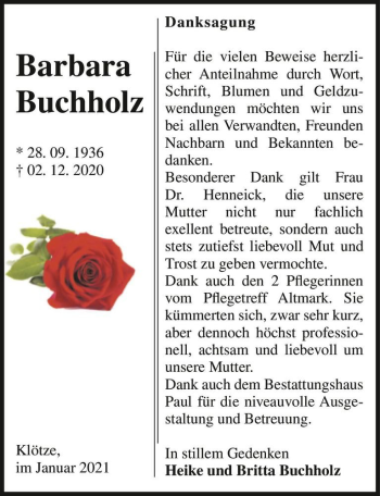 Traueranzeige von Barbara Buchholz  von Magdeburger Volksstimme