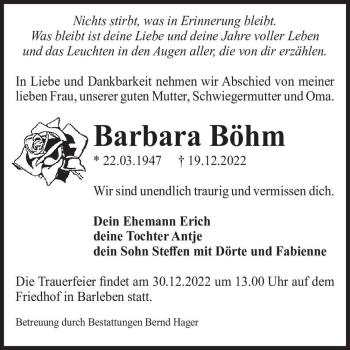 Traueranzeige von Barbara Böhm  von Magdeburger Volksstimme