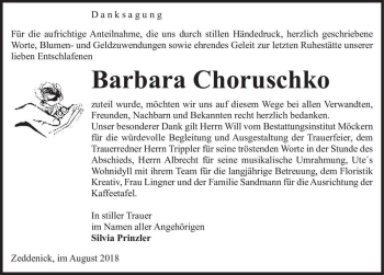 Traueranzeige von Barbara Choruschko  von Magdeburger Volksstimme