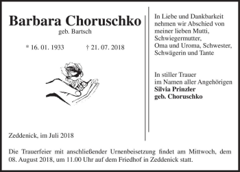 Traueranzeige von Barbara Choruschko (geb. Bartsch)  von Magdeburger Volksstimme
