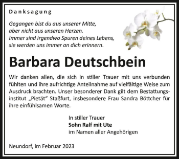 Traueranzeige von Barbara Deutschbein  von Magdeburger Volksstimme