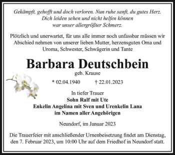 Traueranzeige von Barbara Deutschbein (geb. Krause)  von Magdeburger Volksstimme