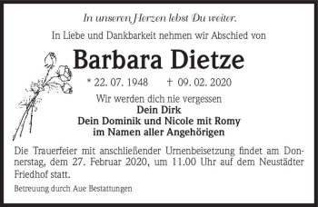 Traueranzeige von Barbara Dietze  von Magdeburger Volksstimme