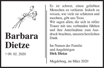 Traueranzeige von Barbara Dietze  von Magdeburger Volksstimme