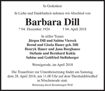 Traueranzeige von Barbara Dill  von Magdeburger Volksstimme