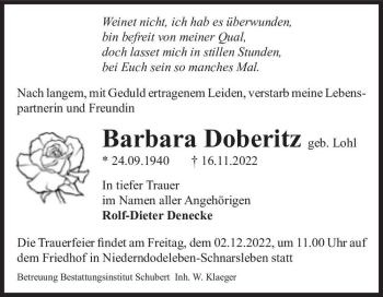 Traueranzeige von Barbara Doberitz (geb. Lohl)  von Magdeburger Volksstimme
