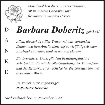 Traueranzeige von Barbara Doberitz (geb. Lohl)  von Magdeburger Volksstimme