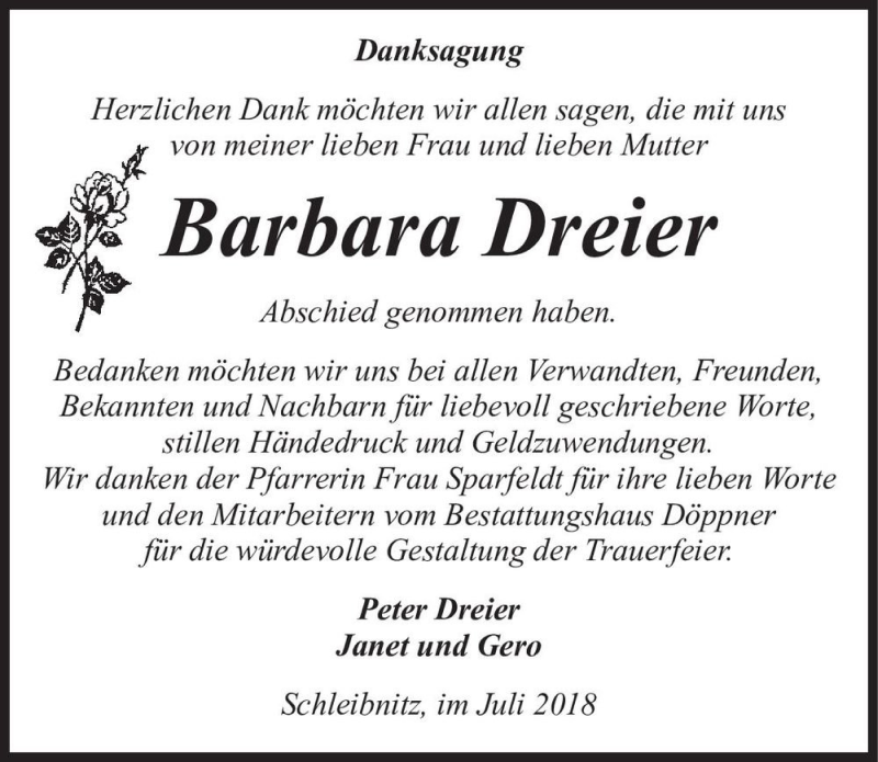  Traueranzeige für Barbara Dreier  vom 14.07.2018 aus Magdeburger Volksstimme