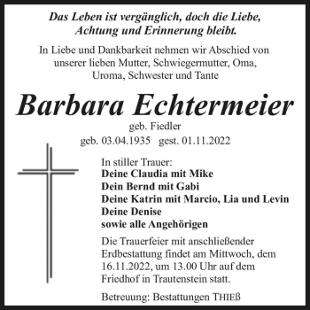 Traueranzeige von Barbara Echtermeier (geb. Fiedler)  von Magdeburger Volksstimme