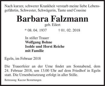 Traueranzeige von Barbara Falzmann (geb. Eilert)  von Magdeburger Volksstimme