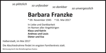 Traueranzeige von Barbara Franzke  von Magdeburger Volksstimme