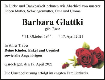 Traueranzeige von Barbara Glattki (geb. Rose)  von Magdeburger Volksstimme