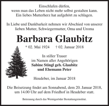 Traueranzeige von Barbara Glaubitz  von Magdeburger Volksstimme