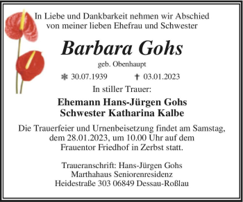 Traueranzeige von Barbara Gohs (geb. Obenhaupt)  von Magdeburger Volksstimme