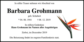 Traueranzeige von Barbara Grohmann (geb. Schubert)  von Magdeburger Volksstimme