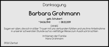 Traueranzeige von Barbara Grohmann (geb. Schubert)  von Magdeburger Volksstimme